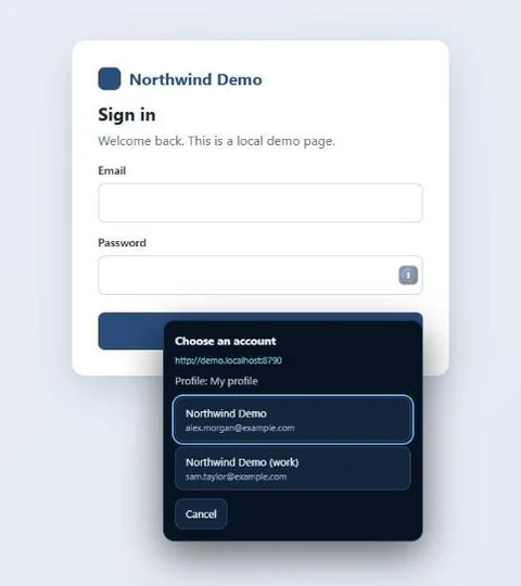 A sign-in page with the LocalGateKeys browser extension offering two saved accounts for that site.